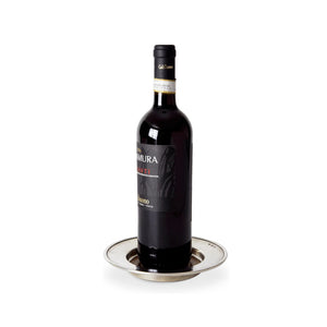 The MATCH - CONVIVIO BOTTLE COASTER WITH WOOD INSERT by MATCH features a round pewter rim and a raised wooden center with concentric circles, shown against a white background.