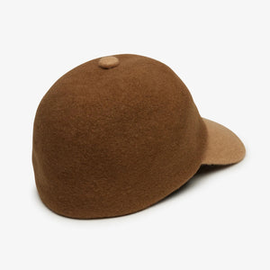 WYETH - BRADY BASEBALL CAP IN CINNAMON, a two-toned wool baseball cap with a dark brown crown and a lighter tan brim.