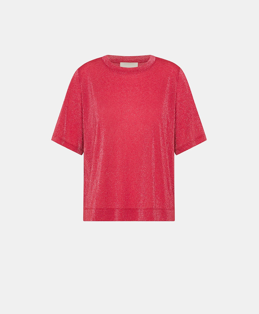 The MOMONI - IORA LUREX JERSEY T SHIRT by MOMONI is a red, short-sleeve, loose-fitting T-shirt with a subtle shimmer. Crafted from soft lurex jersey, this shirt features a round neckline and is made of a soft, lightweight material. Made in Italy. The background is plain white.