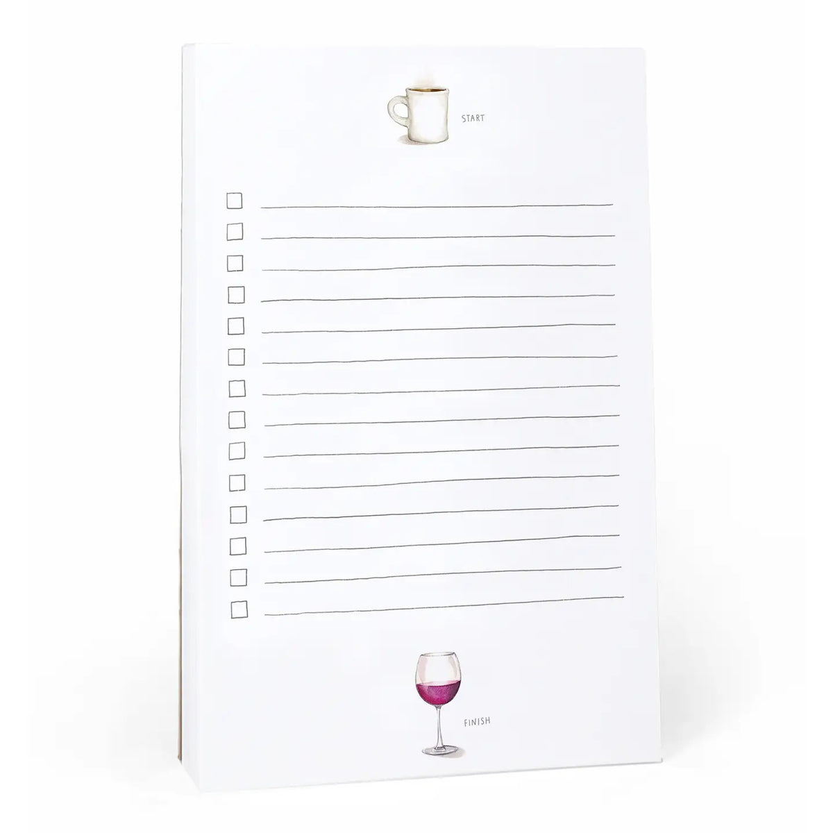 The E. FRANCES PAPER &quot;START AND FINISH NOTE PAD&quot; features a coffee cup labeled &quot;start&quot; and a wine glass labeled &quot;finish,&quot; with twelve blank checklist lines, checkboxes on the left, and is made in the USA from recycled paper.