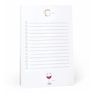 The E. FRANCES PAPER "START AND FINISH NOTE PAD" features a coffee cup labeled "start" and a wine glass labeled "finish," with twelve blank checklist lines, checkboxes on the left, and is made in the USA from recycled paper.