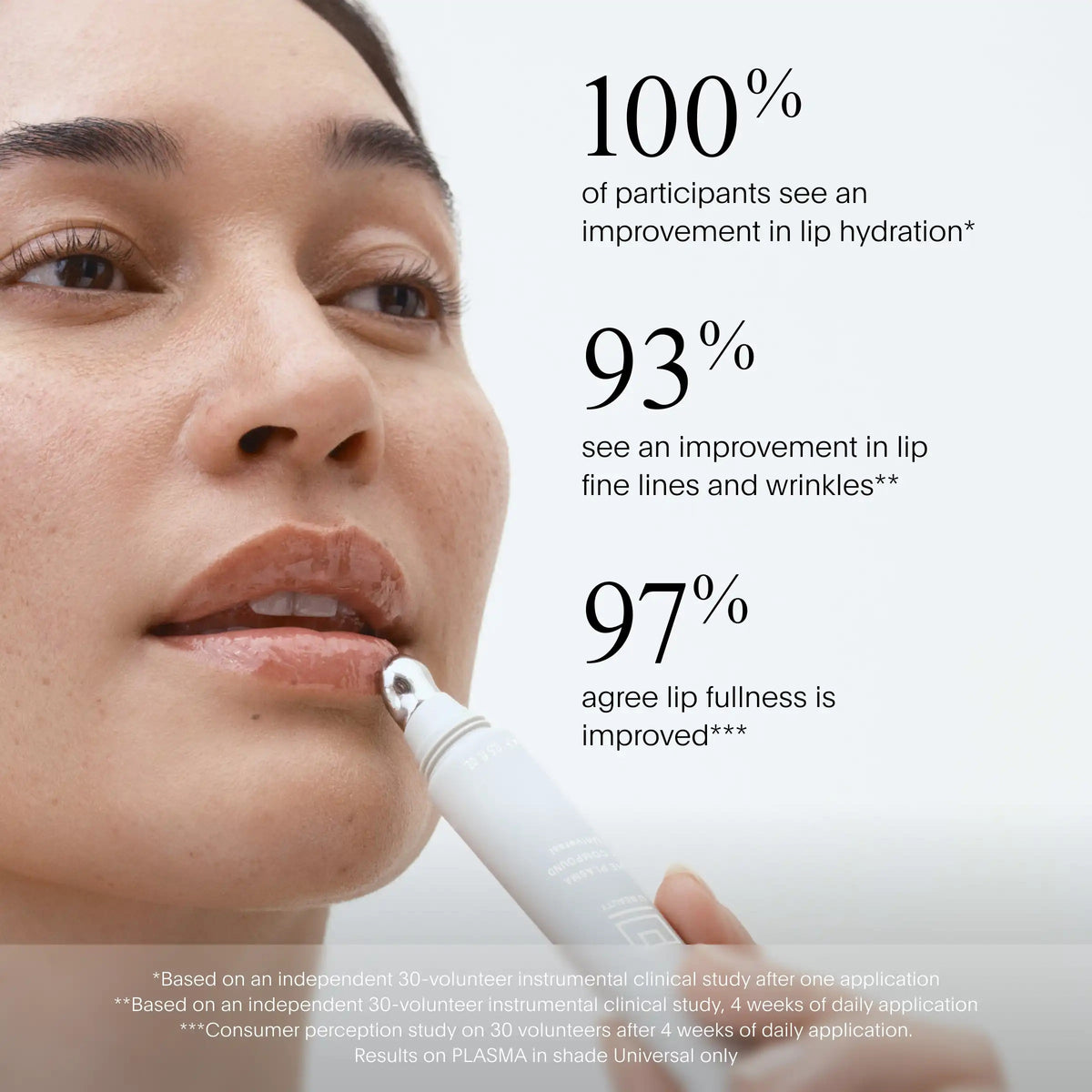 A woman uses U BEAUTY's PLASMA LIP COMPOUND IN TUILLE with a pen-like applicator. Clinical results: 100% see improved hydration, 93% notice fewer lines/wrinkles, and 97% experience fuller-looking lips.