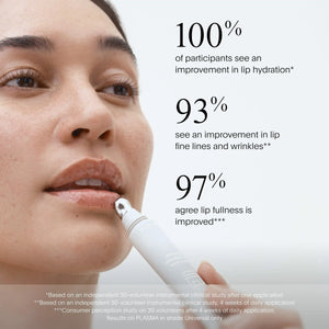 A woman uses U BEAUTY's PLASMA LIP COMPOUND IN TUILLE with a pen-like applicator. Clinical results: 100% see improved hydration, 93% notice fewer lines/wrinkles, and 97% experience fuller-looking lips.