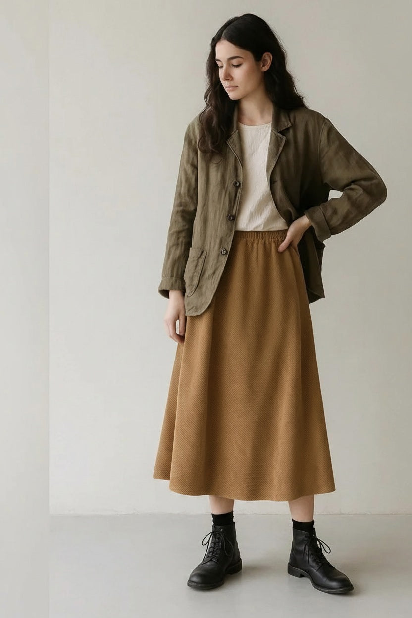 A woman stands indoors wearing a khaki jacket, white top, and the CP SHADES Tanya Skirt in bronze corduroy styled at midi length, paired with black lace-up boots. She looks down thoughtfully, with one hand by her side and the other lightly touching her skirt.