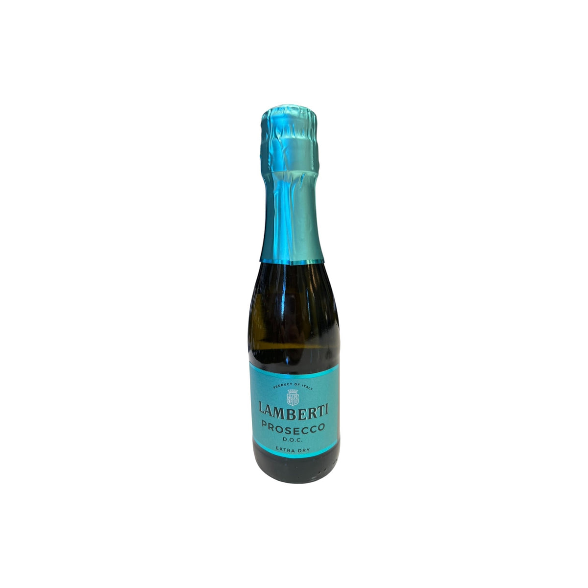 A mini bottle of LAMBERTI PROSECCO 187ML from Veneto, Italy, with a bright blue foil top and matching label, standing on a counter in a wine shop.