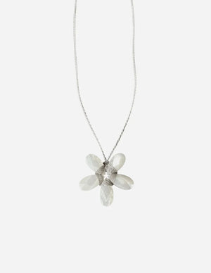A white mannequin is dressed in a curly beige faux fur coat and adorned with the ANN LIGHTFOOT - SMALL MOTHER OF PEARL FACETED FLOWER NECKLACE by ANN LIGHTFOOT. The softly blurred background features light-colored walls and window blinds.