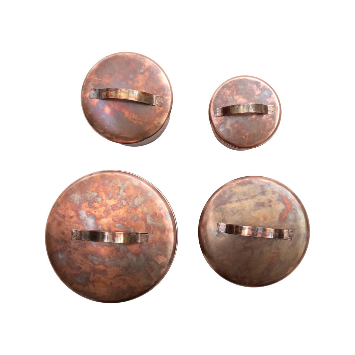 A top view of the CREATIVE COOP STAINLESS STEEL CANISTERS IN OXIDIZED COPPER FINISH, SET OF 4, featuring matching copper lids and arranged symmetrically on a white background.