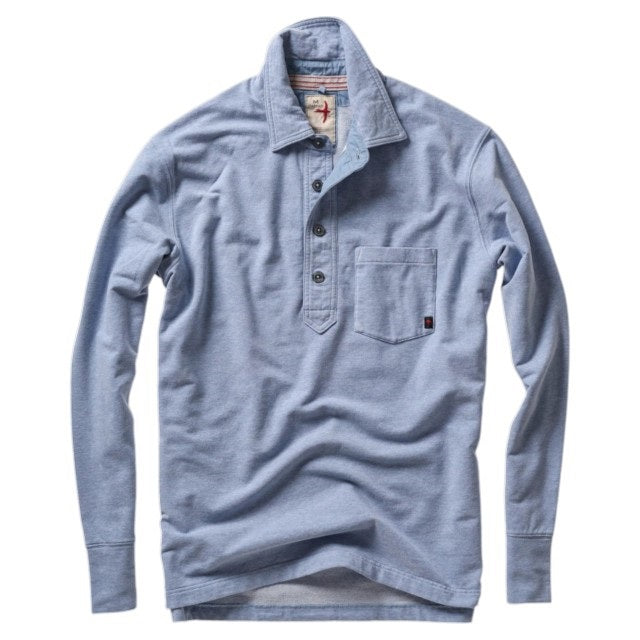 The RELWEN - MARINER POLO IN LIGHT BLUE is a relaxed fit, long-sleeve polo featuring a collar, four-button placket, and front chest pocket. Inspired by the classic French terry polo, this comfortable shirt is displayed laid flat on a white background.