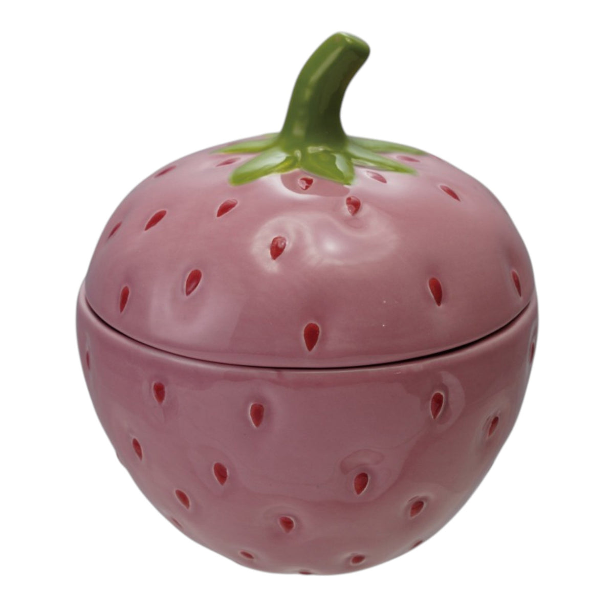 The CREATIVE COOP HAND-PAINTED CERAMIC STRAWBERRY SHAPED JAR WITH LID is a pink, strawberry-inspired storage container with a green stem handle—ideal for adding decorative charm to your kitchen.