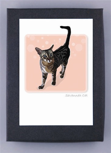 The PAPER RUSSELLS "Savannah Cat" notecard depicts a Savannah cat with its characteristic spotted and striped coat and large ears, gracefully walking on a light peach background with bubbles. It's printed on premium recycled paper, framed in black, with "Savannah Cat" elegantly inscribed in the lower right corner.
