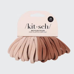 The accessory powerhouse KITSCH presents a "Recycled Nylon Hair Elastics 20pc Set" of versatile brown shades, artfully displayed on a card labeled with the brand name.