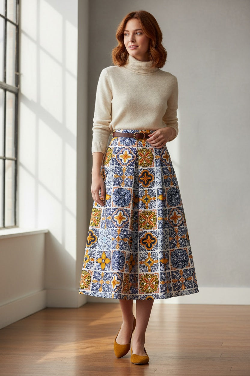 The MIDI STRUCTURED SKIRT by ALYKI LABORATORIO is a high-waisted, midi-length piece with a flared silhouette, showcasing a vibrant pink and red abstract floral print on a white background.
