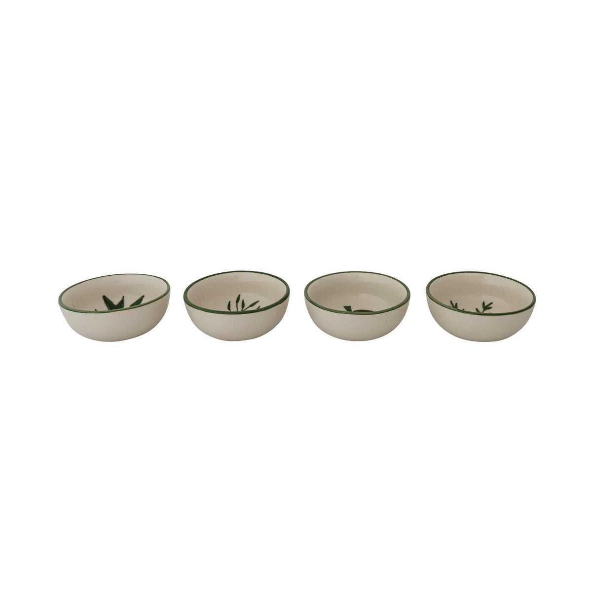 CREATIVE COOP's HAND-PAINTED STONEWARE BOWLS WITH BOTANICAL DESIGN, some holding green peppers or grains, are arranged on a light beige surface—each bowl highlights its unique handcrafted artistry.