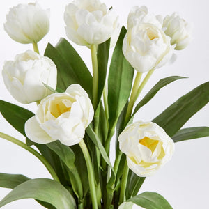 The NAPA HOME AND GARDEN - PEONY TULIP DROP IN 18 features no-maintenance white tulips and green leaves, upright and tied with natural jute twine, against a white background.