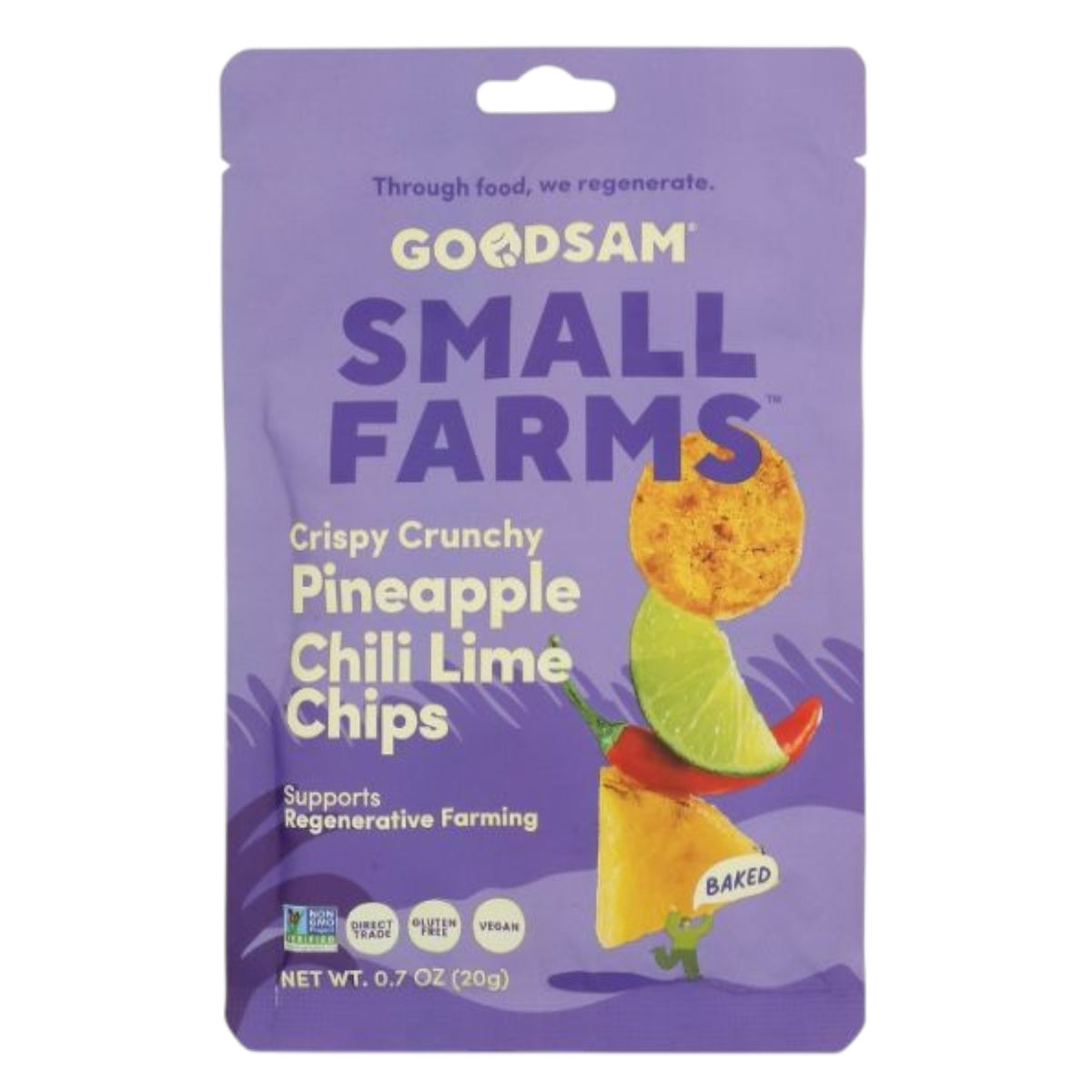 A purple package of GOODSAM FOODS CRUNCHY PINEAPPLE CHILI LIME FRUIT CHIPS shows images of a chip, pineapple, chili, and lime. The baked vegan chips support regenerative farming.