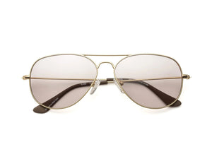 CADDIS - MABUHAY READING GLASSES by CADDIS feature a gold wire frame, large slightly tinted lenses, and brown plastic earpieces, crafted from nickel-free metal alloy and shown front-facing on a white background.