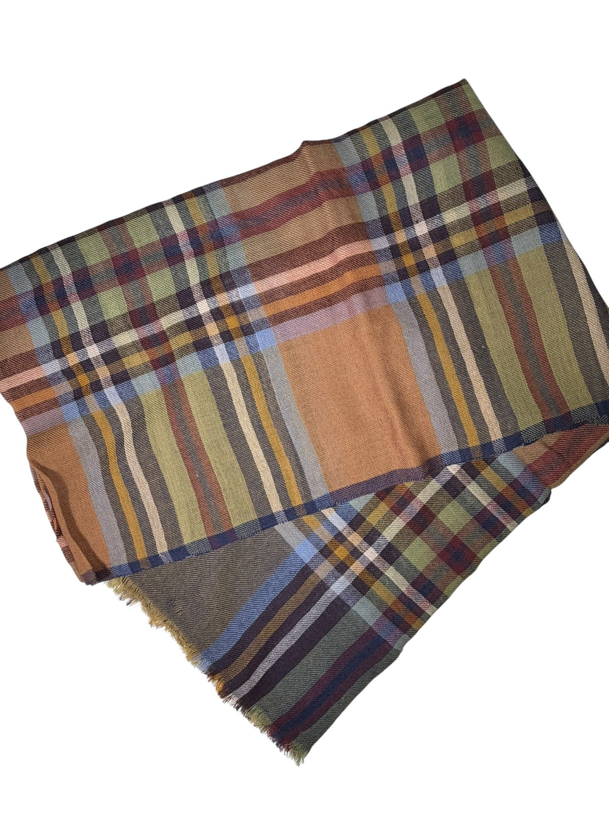 A tartan wool scarf from HARTFORD, showcasing a classic plaid pattern in camel, blue, and burgundy, is laid flat on a white background—this HARTFORD Tartan Wool Scarf is the perfect men’s winter accessory.