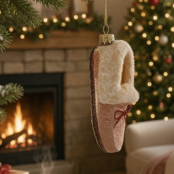 Cody Foster GLASS MOCCASIN ORNAMENT, a 1.5 x 1.5 x 3 inch tan glass moccasin slipper with a glittery finish and a red ribbon bow.
