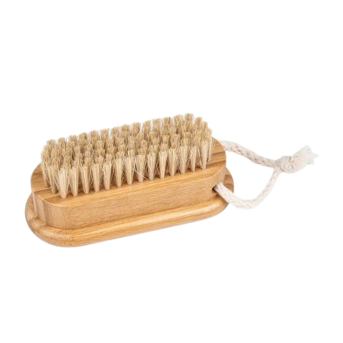 The BAUDELAIRE - BAMBOO 4” NAIL BRUSH by BAUDELAIRE, featuring stiff, light-colored natural boar bristles and a looped rope handle, is displayed on a plain white background.