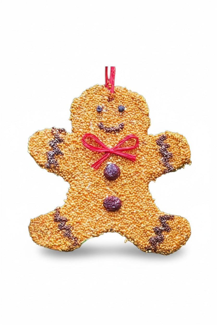MR BIRD - GINGERBREAD MAN CHRISTMAS BIRD SEED CCOKIE shaped like a gingerbread man, accented with a red string bow and dark seeds for eyes and buttons, styled like a festive Christmas cookie.