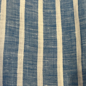 The FRANK & EILEEN Finbar men's button-up shirt in turquoise with white stripes features washed linen, a back view, and long sleeves rolled up.