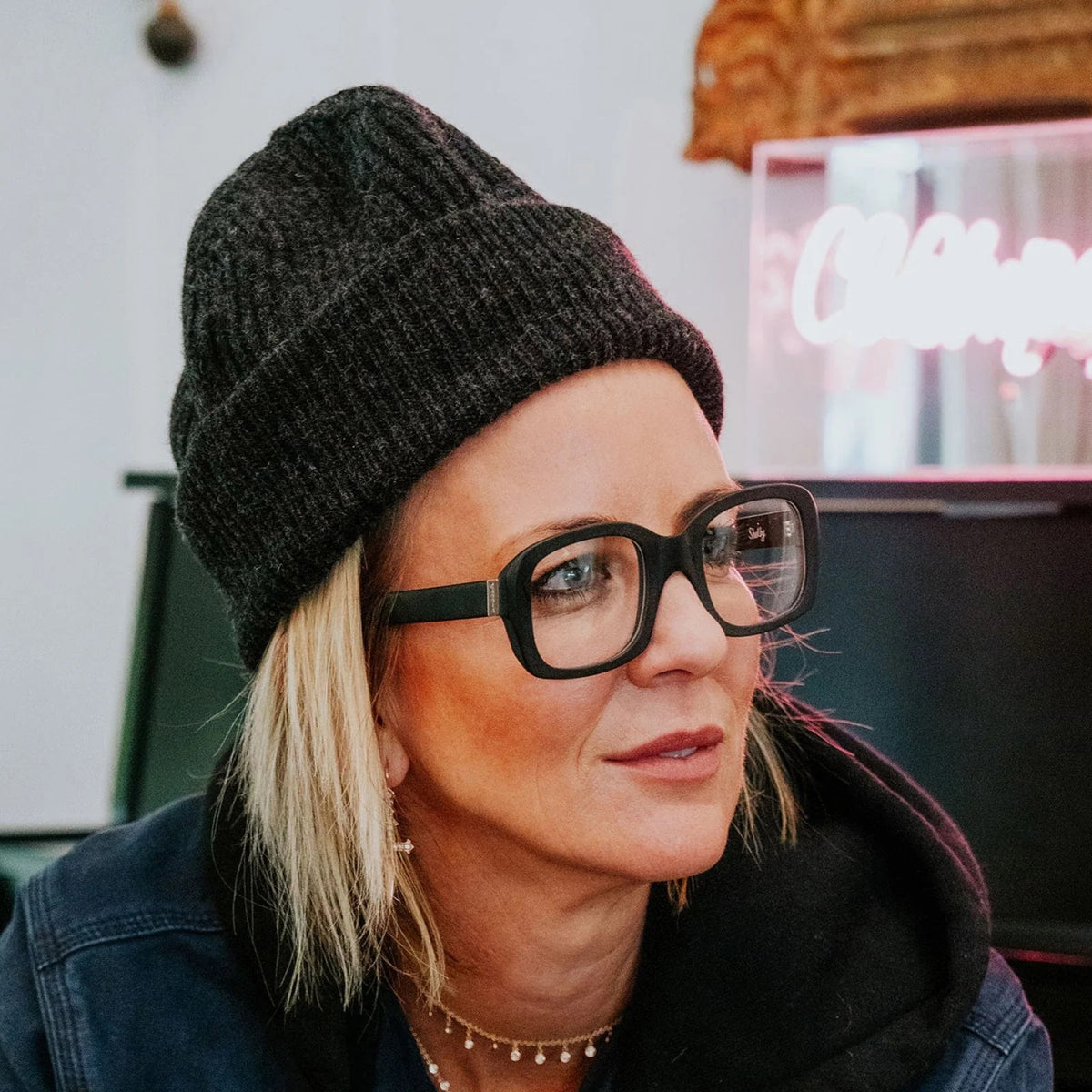 CADDIS - SHELBY PROGRESSIVE READERS by CADDIS are black, square, thick-rimmed eyeglasses with oversized frames and clear, scratch-resistant lenses. Shown front-facing on white; "Shelby" printed in white inside the left arm.