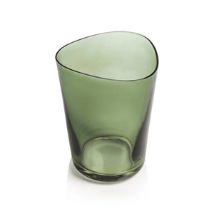 The APERITIVO TUMBLER IN GREEN by ZODAX is a 400 ml soda-lime glass cup with an irregular, organic-shaped rim and a smooth translucent green finish, displayed on a white background.