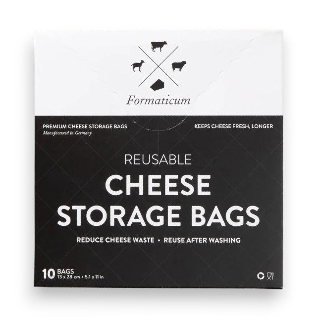 A box of FORMATICUM - REUSABLE CHEESE STORAGE BAGS by FORMATICUM features a white and black design, “Reduce cheese waste” and “Keeps cheese fresher, longer” text, and contains 10 reusable bags.