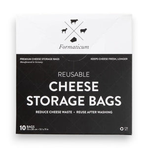 A box of FORMATICUM - REUSABLE CHEESE STORAGE BAGS by FORMATICUM features a white and black design, “Reduce cheese waste” and “Keeps cheese fresher, longer” text, and contains 10 reusable bags.