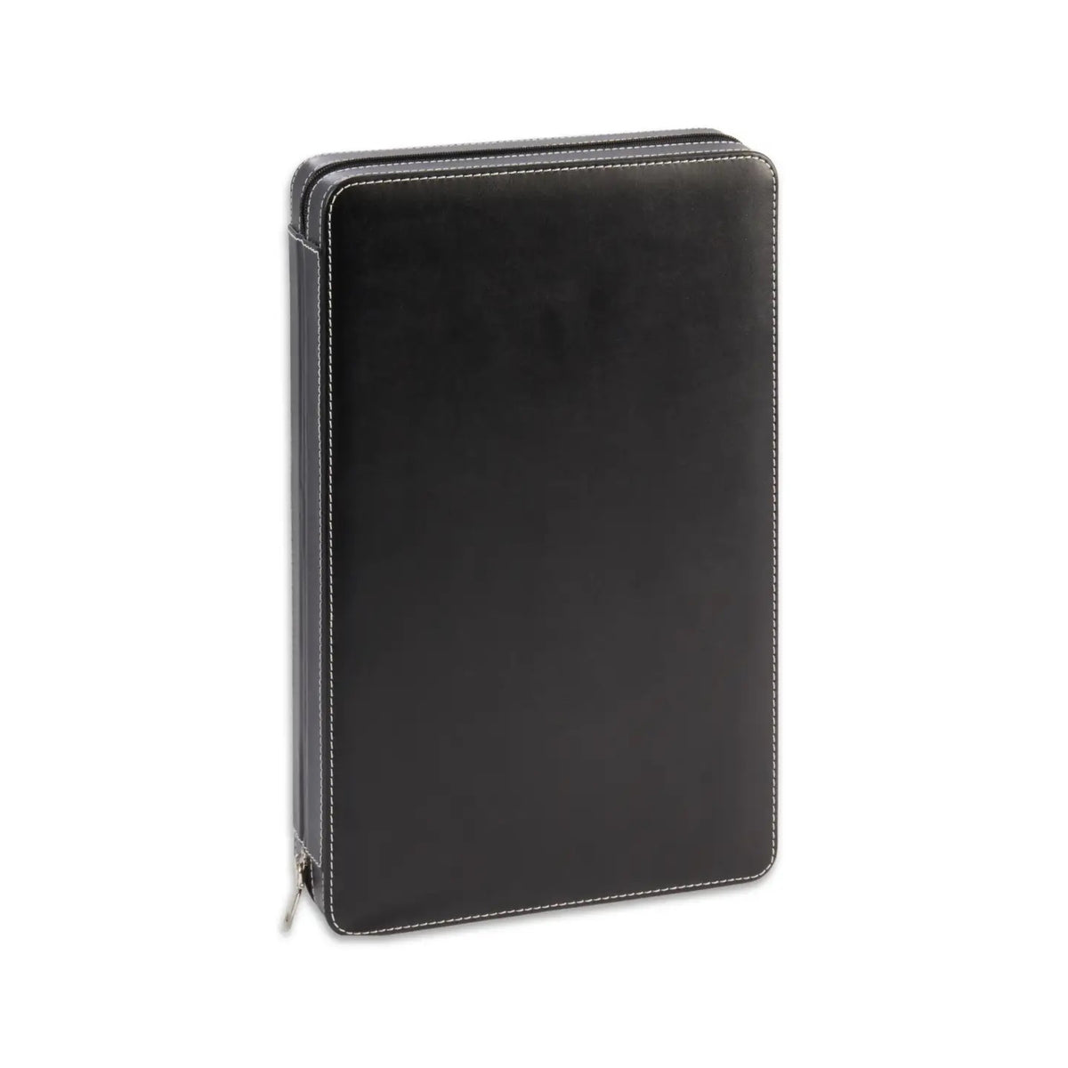 The BEYBERK INTERNATIONAL LEATHER BLACKGAMMON SET- BLACK, a closed black leather zippered case with white stitching, is displayed upright against a plain white background.