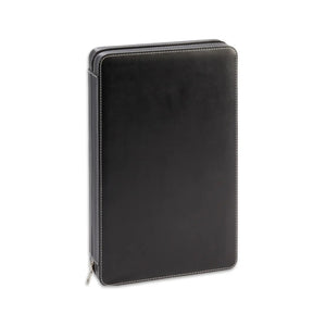The BEYBERK INTERNATIONAL LEATHER BLACKGAMMON SET- BLACK, a closed black leather zippered case with white stitching, is displayed upright against a plain white background.