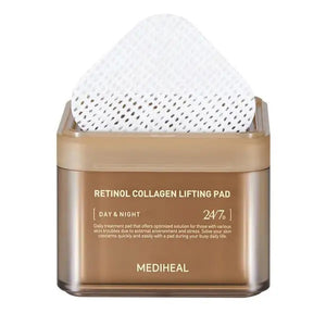 A close-up of a person with light skin, wearing a small earring, as they apply the MEDIHEAL RETINOL COLLAGEN LIFTING PAD by EXOD INTERNATIONAL to their cheek. The top image shows the perforated adhesive pad being positioned, and the bottom image shows it fully adhered for an anti-aging routine.