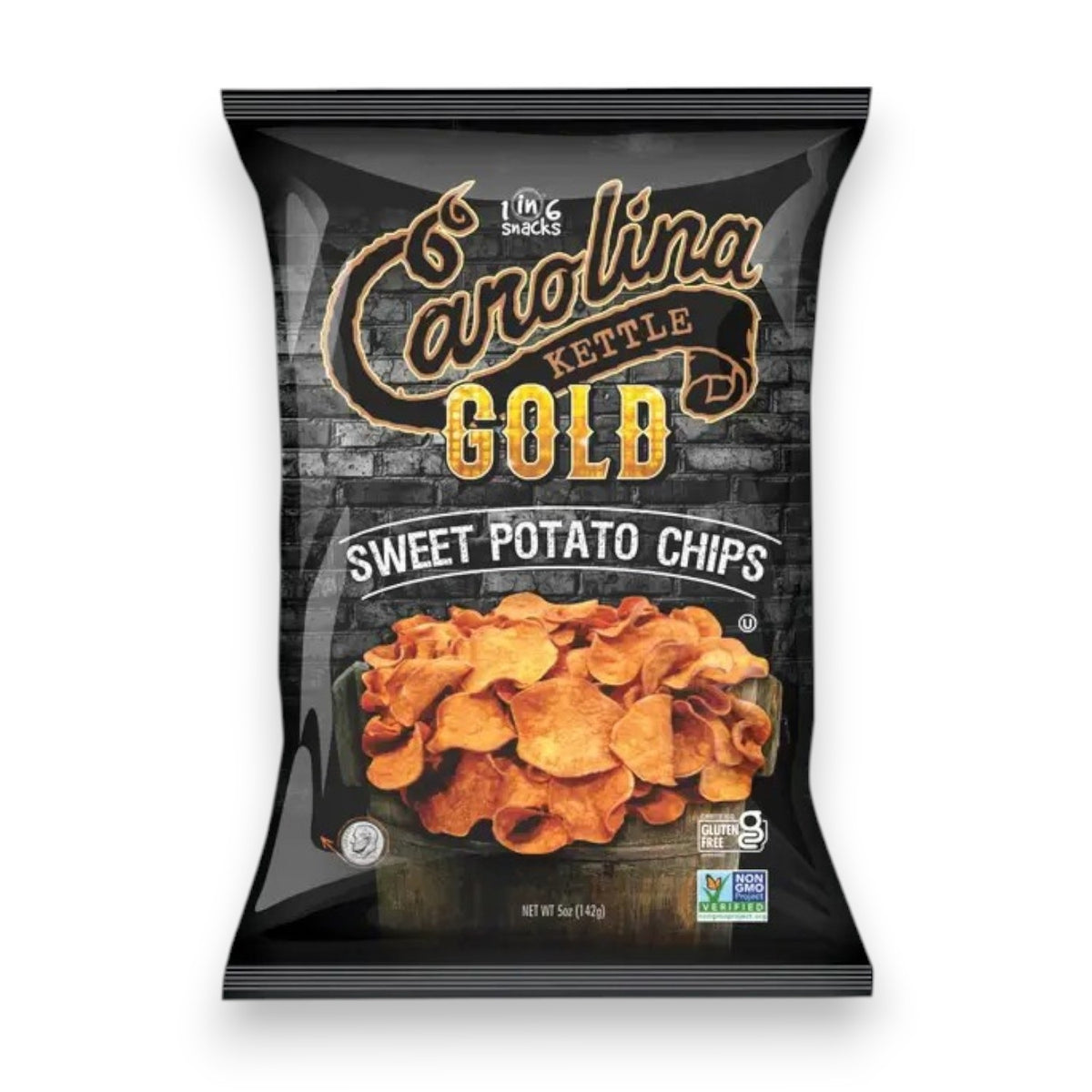 A 5oz bag of CAROLINA KETTLE - SWEET POTATO CHIPS by 1 IN 6 SNACKS, featuring an image of sweet potato chips on the black packaging with gold and white text. Various certification logos are displayed at the bottom right, emphasizing that these are tasty gluten-free chips.
