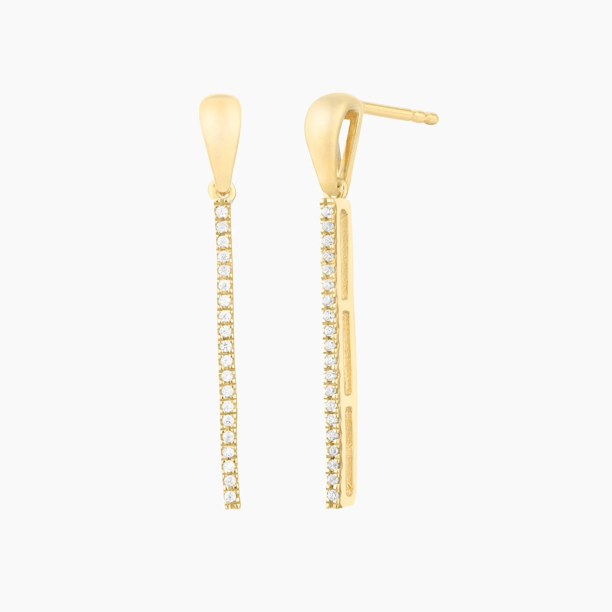 Introducing the ELLA STEIN - DROP THE MIC EARRINGS by ELLA STEIN: a pair of gold plated drop earrings featuring a sleek, vertical bar design, each adorned with a row of shimmering white stones.