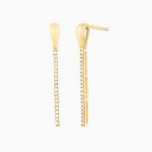 Introducing the ELLA STEIN - DROP THE MIC EARRINGS by ELLA STEIN: a pair of gold plated drop earrings featuring a sleek, vertical bar design, each adorned with a row of shimmering white stones.