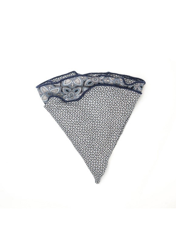 The EDWARD ARMAH - SILK REVERSIBLE POCKET CIRCLE in grey/black quatrefoil by EDWARD ARMAH is displayed folded against a white background.