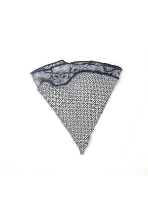 The EDWARD ARMAH - SILK REVERSIBLE POCKET CIRCLE in grey/black quatrefoil by EDWARD ARMAH is displayed folded against a white background.
