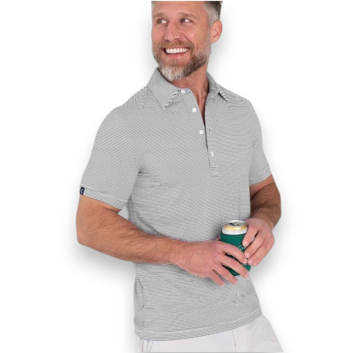 Close-up of a person wearing the CRIQUET Performance Sport Range Polo in Hobby Stripe - Gray. This polo by CRIQUET features light gray and white stripes, a classic collar, visible buttons, and has a slightly wrinkled appearance. The image highlights the chest and upper torso area.