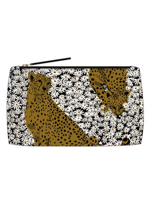 The INOUI EDITIONS - PAMPAS COSMETIC POUCH by INOUI is a rectangular zipper pouch expertly crafted from durable nylon cosmetic pouch material. It showcases a bold pattern of two cheetahs surrounded by dense white daisy-like flowers set against a black background. Made in India, this stylish pouch blends practicality with distinctive design.