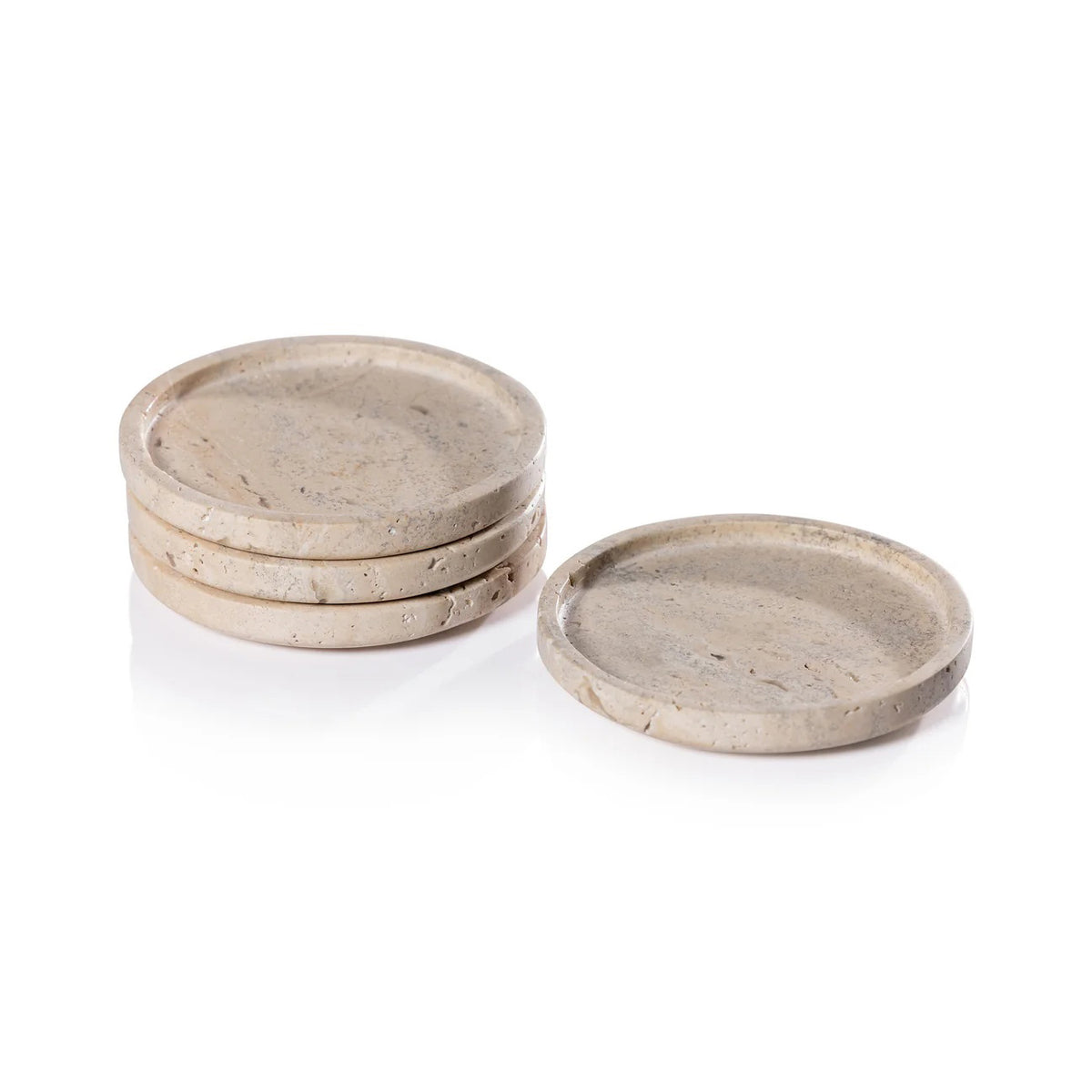 The ZODAX MARBLE TRAVERTINE COASTER SET features four round marble coasters—three stacked and one flat—displayed on a white background.
