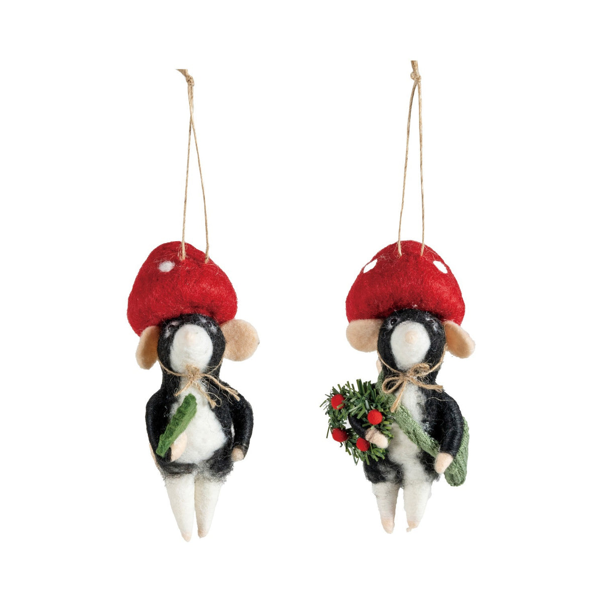 Two WOOL FELT MOLE IN MUSHROOM HAT ORNAMENTs shaped like mice; one holds a green sprig and the other a small wreath.