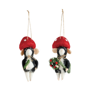Two WOOL FELT MOLE IN MUSHROOM HAT ORNAMENTs shaped like mice; one holds a green sprig and the other a small wreath.