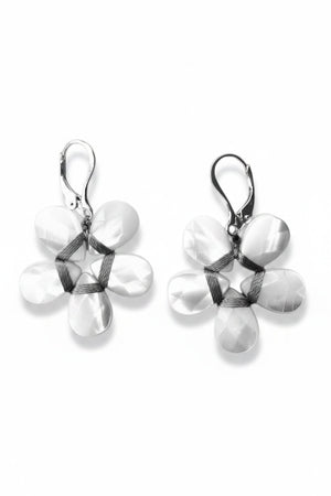 The ANN LIGHTFOOT - MOTHER OF PEARL FLOWER EARRING by ANN LIGHTFOOT features lever-back hooks and a five-petal flower design with a textured, sterling silver surface.