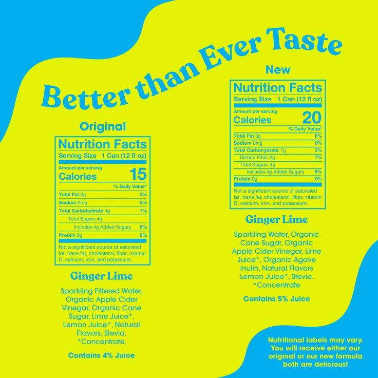 A yellow can of POPPI - GINGER LIME prebiotic soda features blue lemon slice graphics, white and blue text, “For a Healthy Gut,” and 4g sugar. Infused with apple cider vinegar for digestive health, the can stands on a white background.