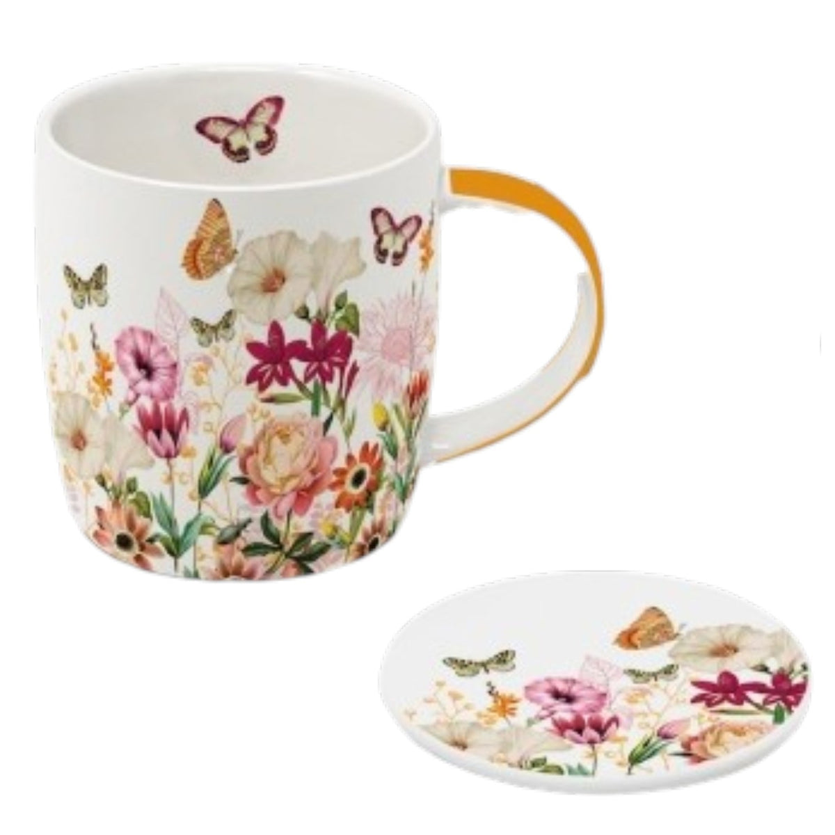 The ILLUSION TEA MUG WITH LID AND STRAINER by PAPER PRODUCTS DESIGN features a charming floral and butterfly motif, a matching lid, and a metal tea infuser, making this elegant bone china set perfect for savoring your favorite tea.