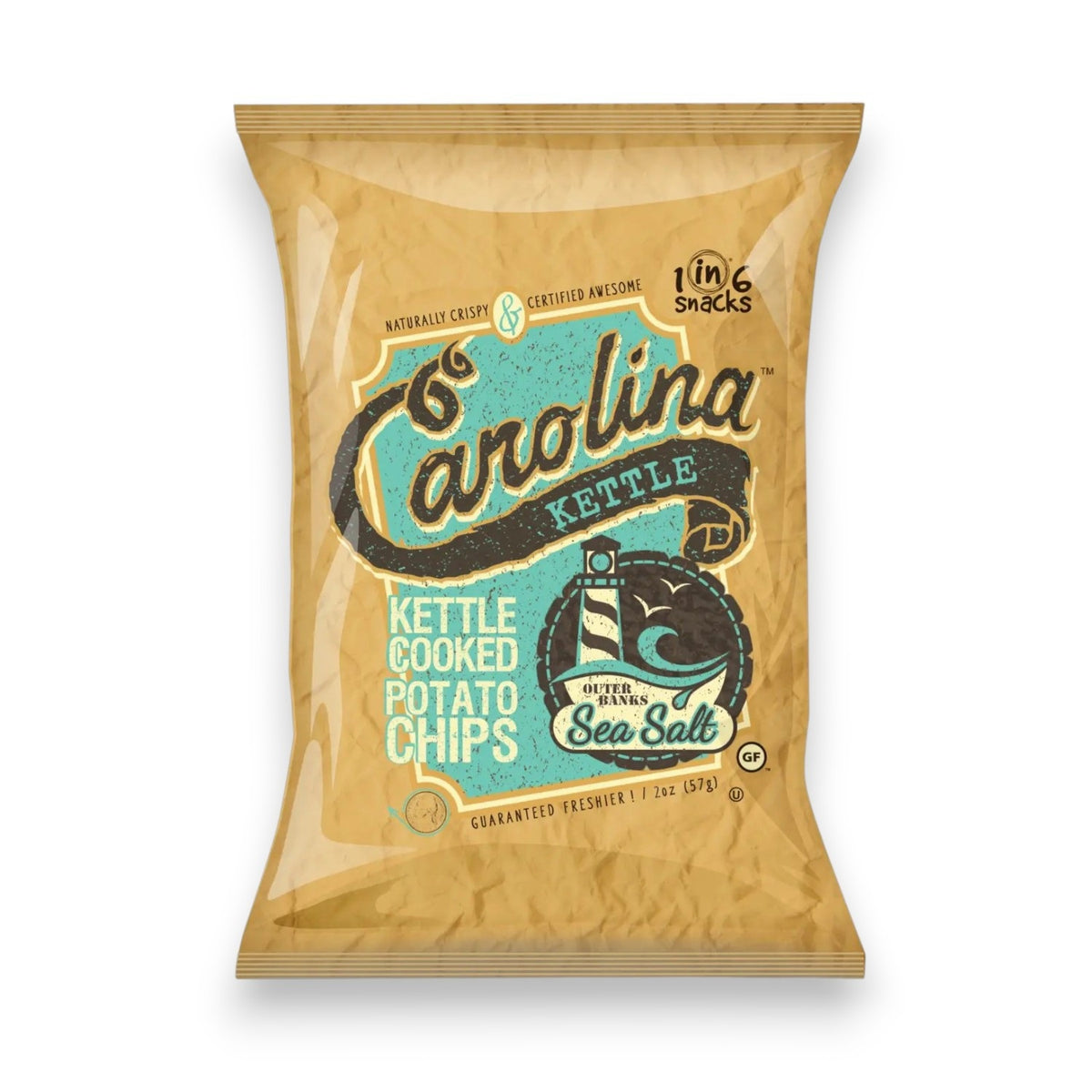 A brown bag of 1 IN 6 SNACKS CAROLINA KETTLE - SEA SALT CHIPS (5oz) featuring blue and black text with a kettle graphic. These naturally crispy, gluten-free chips are vegan-certified and make perfect snacks.