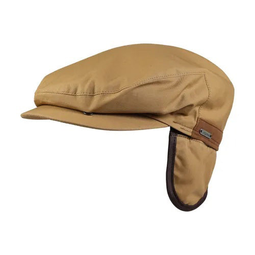 The WIGENS IVY Waxed Cotton Vintage Cap features green weather-resistant fabric, a short brim, brown accent band, fleece lining, and fold-down ear flaps.