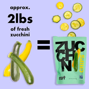 A green bag labeled “ROOT FOODS - ZUCCHINI CHIPS” from ROOT FOODS features images of zucchini and squash. These veggie chips are made with avocado oil and display vegan, gluten-free, and non-GMO certification logos on the packaging.