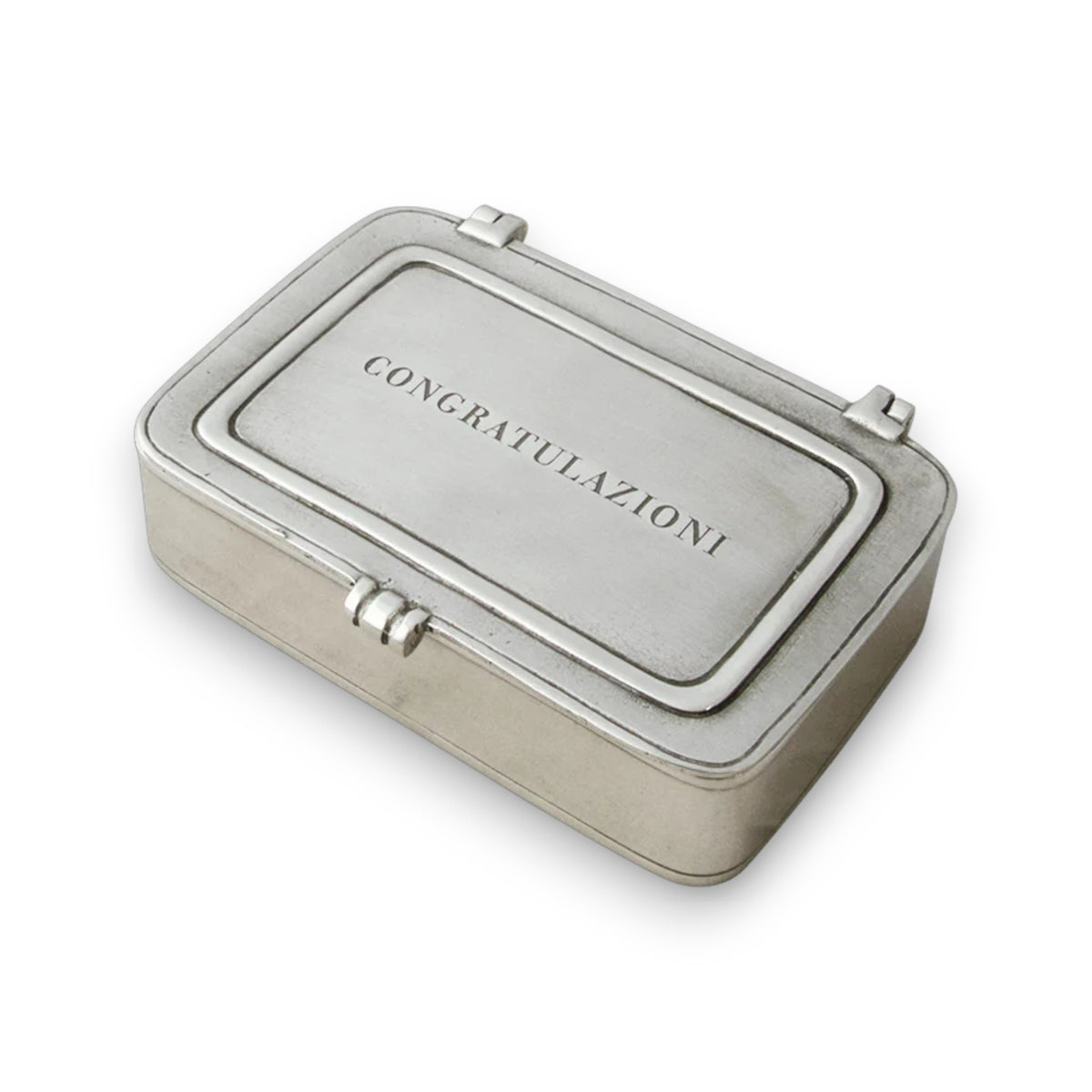 The MATCH &quot;CONGRATULAZIONI&quot; Pewter Box features a hinged lid and is engraved with the word &quot;CONGRATULAZIONI&quot; in capitals—a perfect Italian congratulations gift.