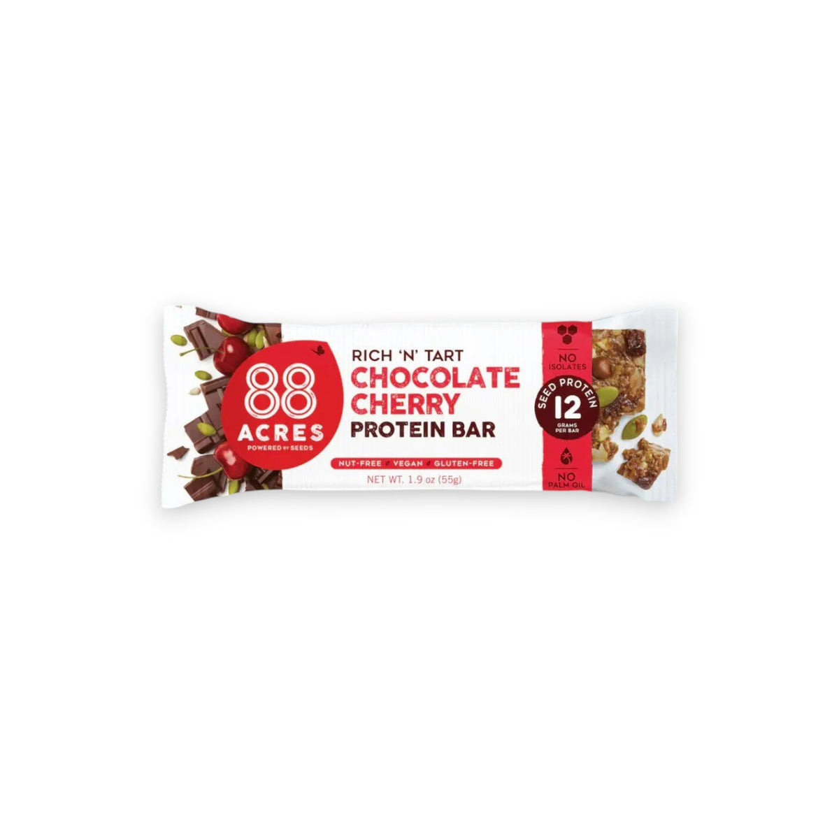 An image showing the nutrition facts and ingredients of the 88 ACRES - CHOCOLATE CHERRY PROTEIN BAR, with 270 calories per serving. Main ingredients include dark chocolate, pumpkin seeds, cherries, sunflower seeds, and maple syrup.